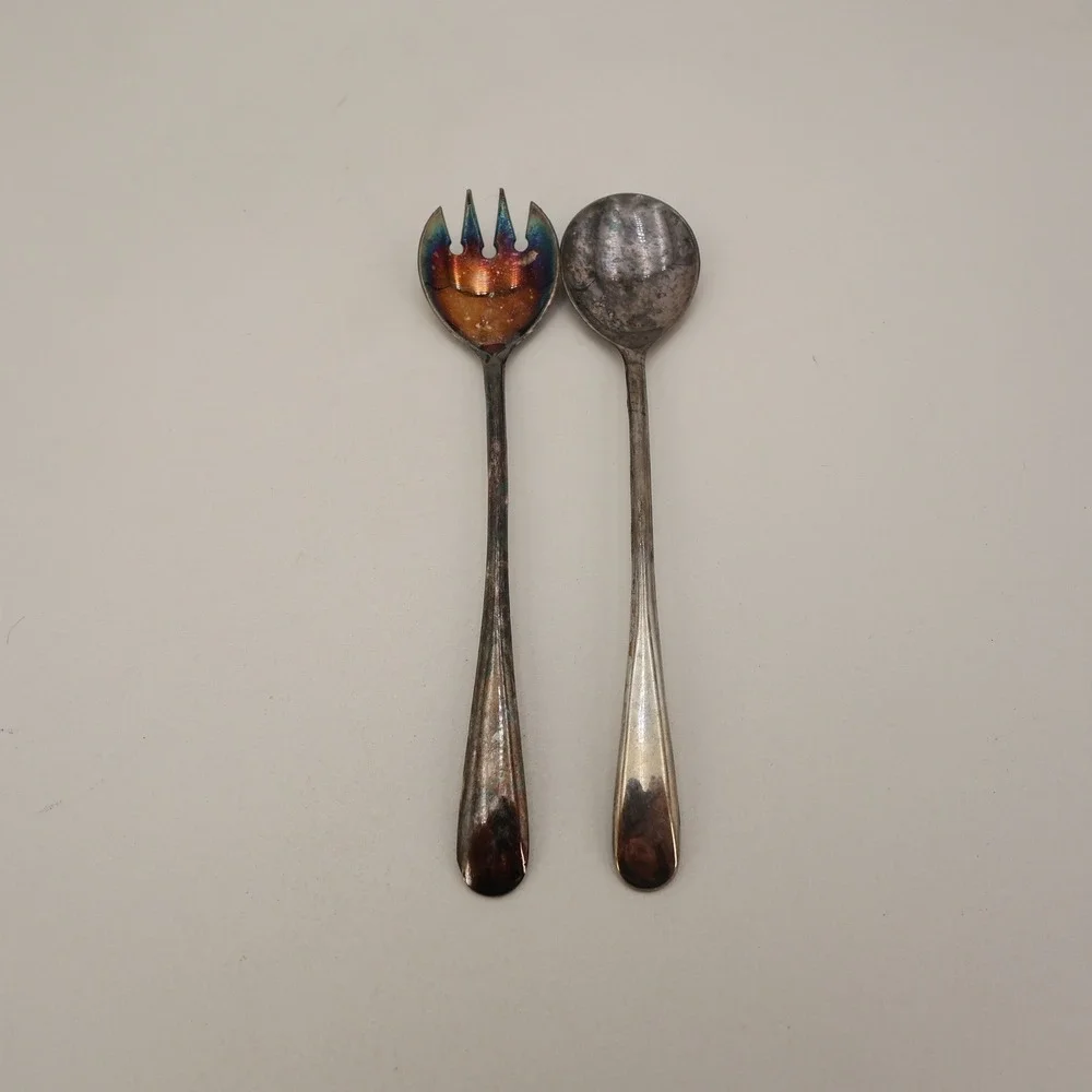 Vintage Silver Plated Italy Salad Servers Spoon and Fork Set Tarnish Patina 9